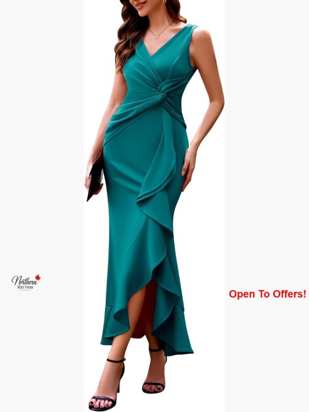 V-Neck Backless Ruffle Midi Formal Dress for Wedding Guest Evening